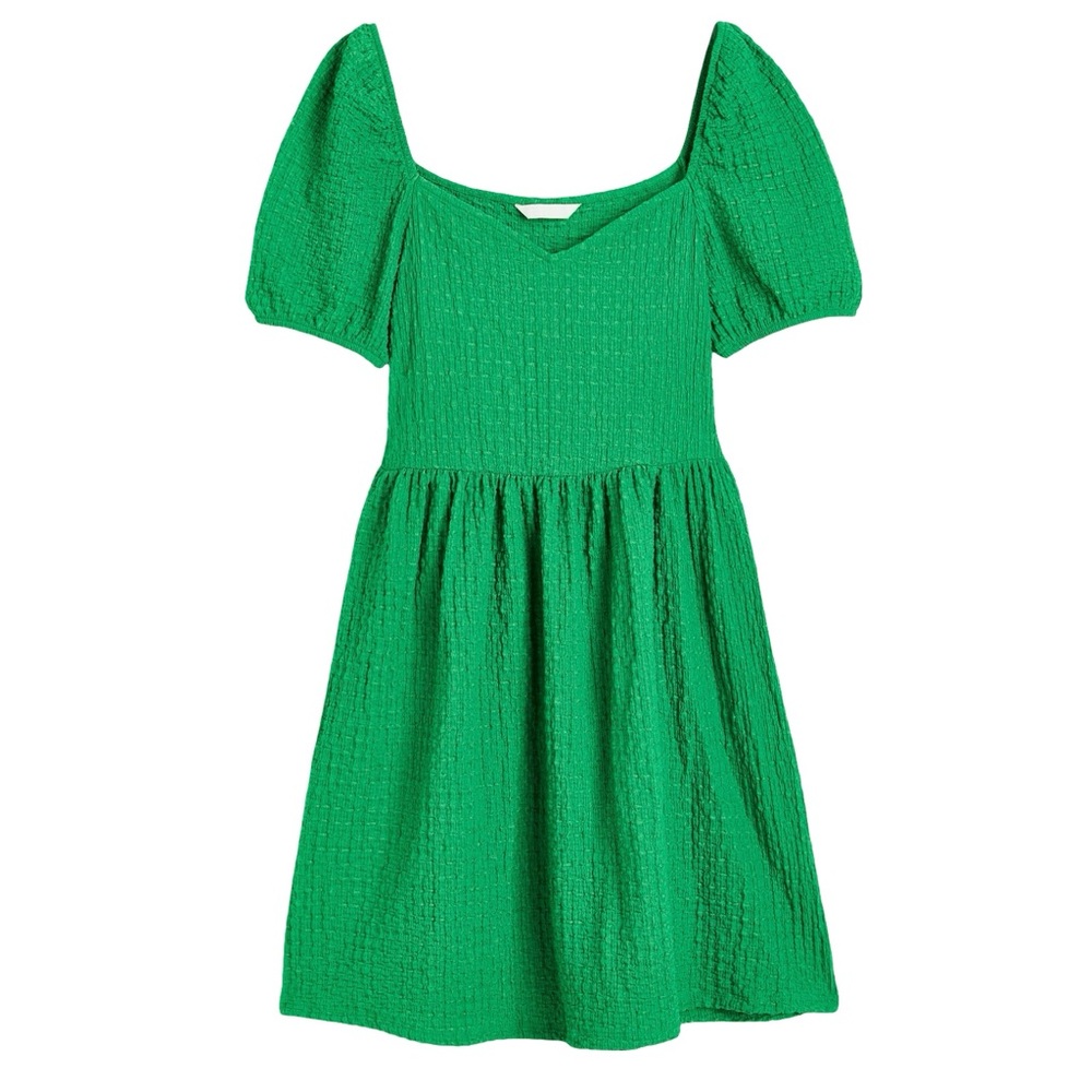 H&M Green Puff Sleeve Textured Mini Dress